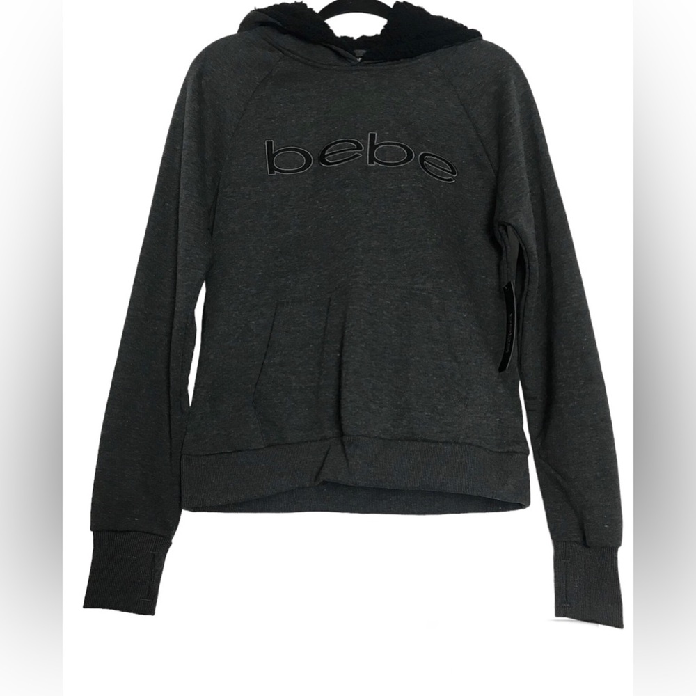 Bebe Womens Gray Spell Out Faux Fur Lined Pullover Hoodie Size M Streetwear NWT
